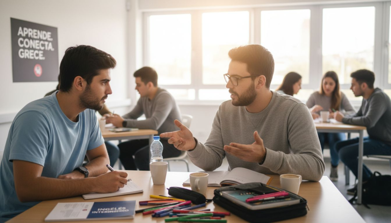 Alumnos charlando y practicando juntos durante una clase presencial de idiomas