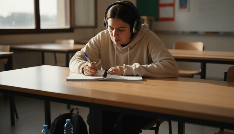 Alumna atenta practicando comprensión auditiva