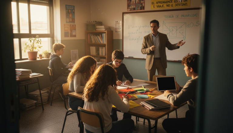 Docente acompañando a sus estudiantes mientras desarrollan un proyecto en clase.