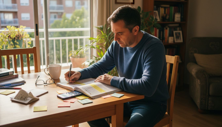 Persona adulta que aprovecha su tiempo en casa para aprender inglés utilizando libros de estudio.