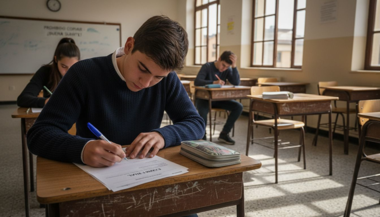 Alumno realizando el examen de Cambridge en el aula.