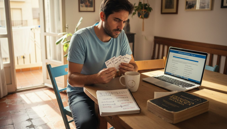 Una persona adulta repasando idiomas sentada en la mesa de la cocina.