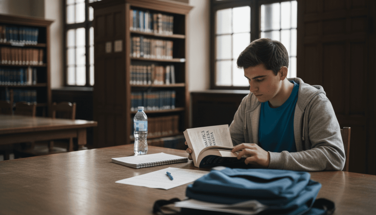 Un estudiante aprovecha la tranquilidad de la biblioteca, iluminada por el sol, para repasar inglés.