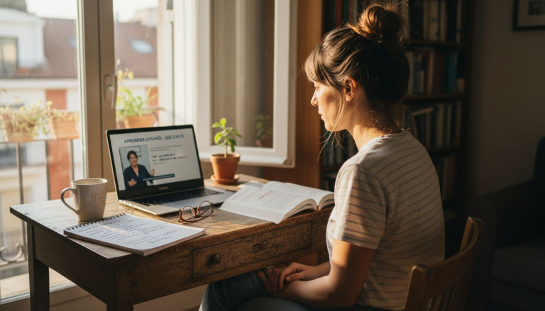 Mujer dedicada a estudiar un nuevo idioma en su escritorio de casa