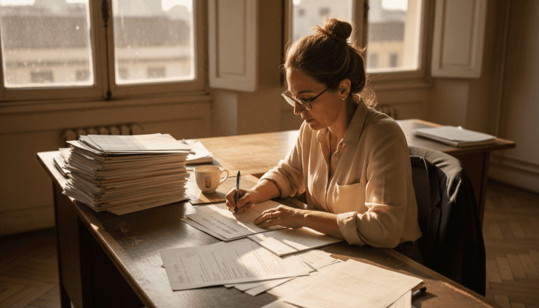 Una profesora corrige trabajos escritos sentada en su escritorio.