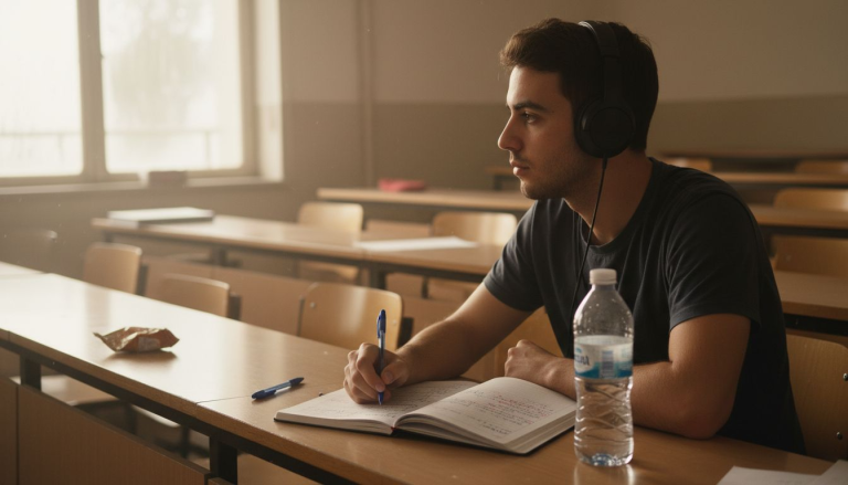 Alumno atento siguiendo una actividad de comprensión auditiva en clase