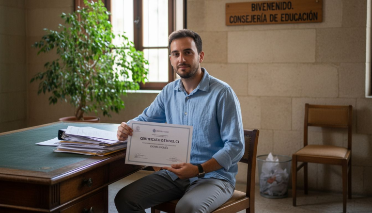 Joven consultando su certificado en la oficina de educación